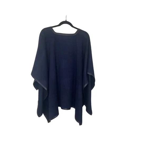 Stick & Ball Navy Blue Baby Alpaca Lambskin Leather Trimmed Poncho NWT $425.00 - Picture 8 of 15
